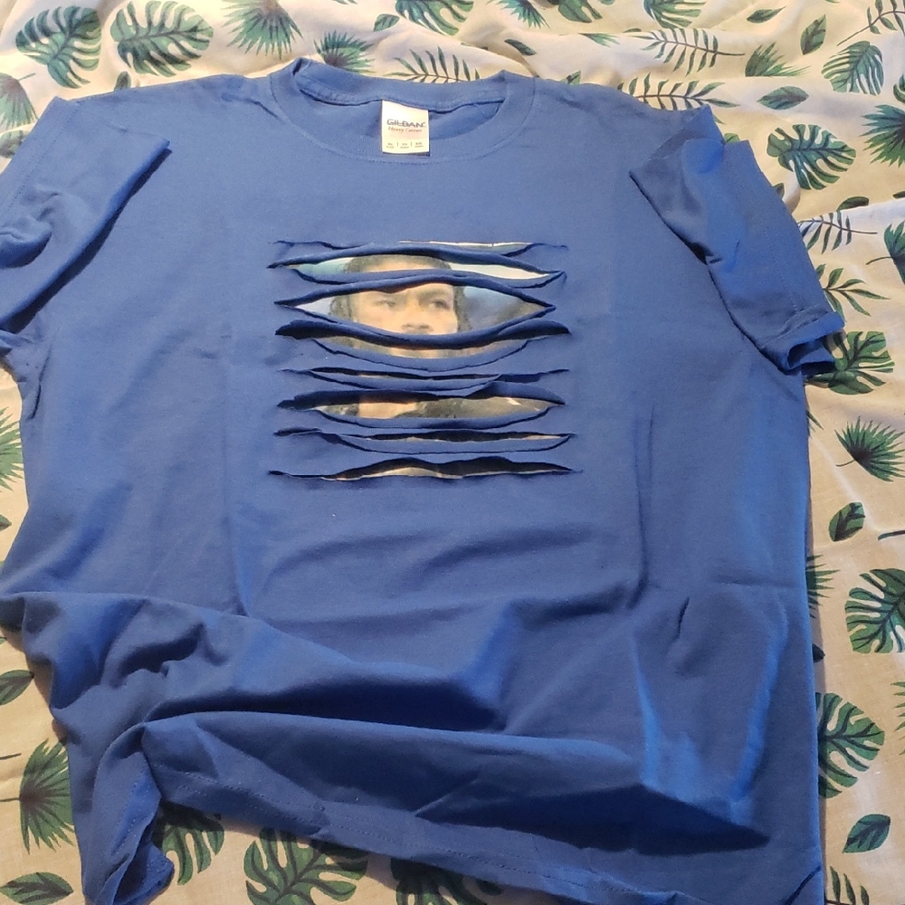 Blue Graphic T-Shirt with Unique Cutout Design